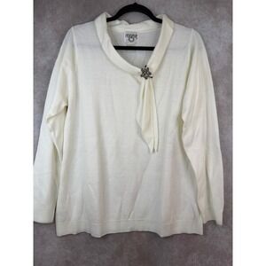 NWOT Cervelle Womens Cream Knit Sweater Tie Collar w Brooch Long Sleeve Size L
